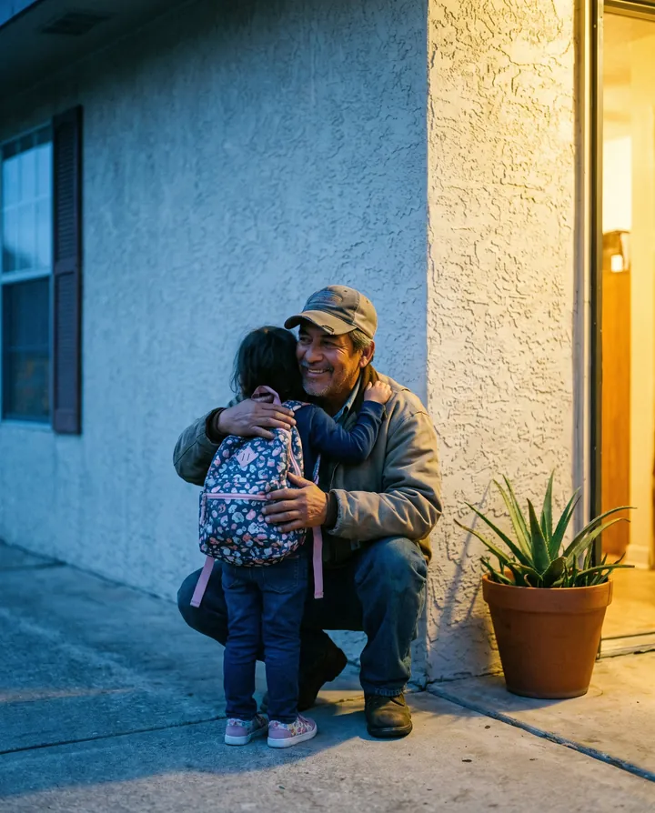 A father in a work uniform crouching to say goodbye to his daughter at the gate before dawn