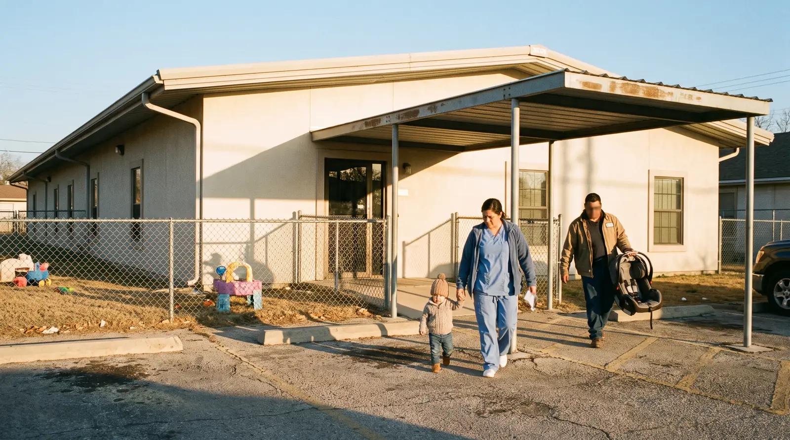 Parents walking children to the entrance of Bright Start Learning Centre in early morning light
