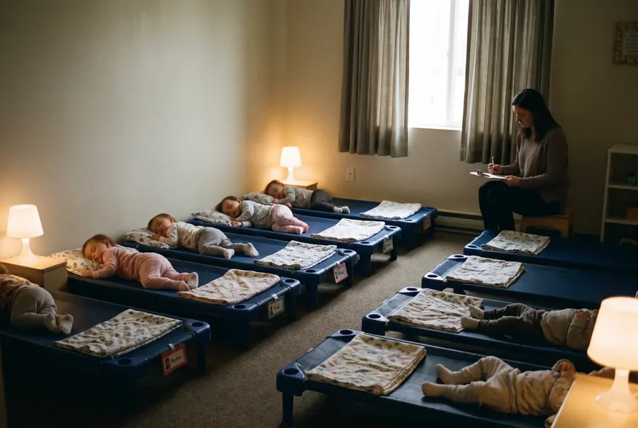 Cots on the floor of a dimmed nap room, a teacher sitting nearby with a clipboard