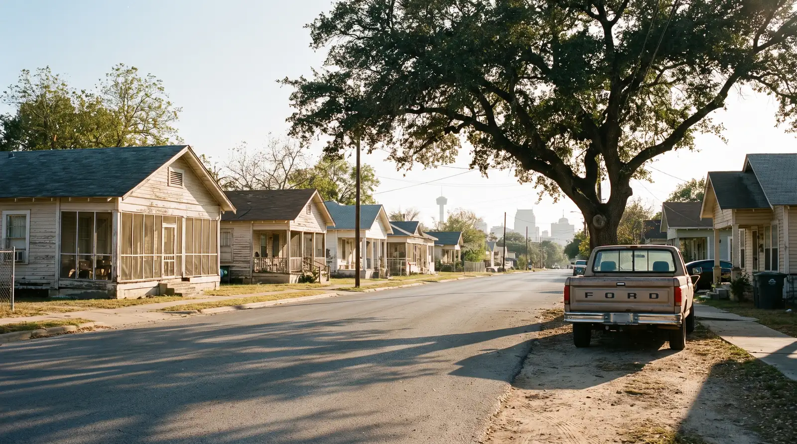 A west-side San Antonio street in late afternoon light
