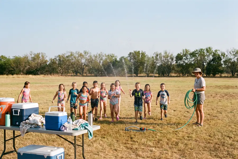Children running through a sprinkler at summer camp